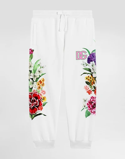 Fleece jogging pants with flower and DG logo print