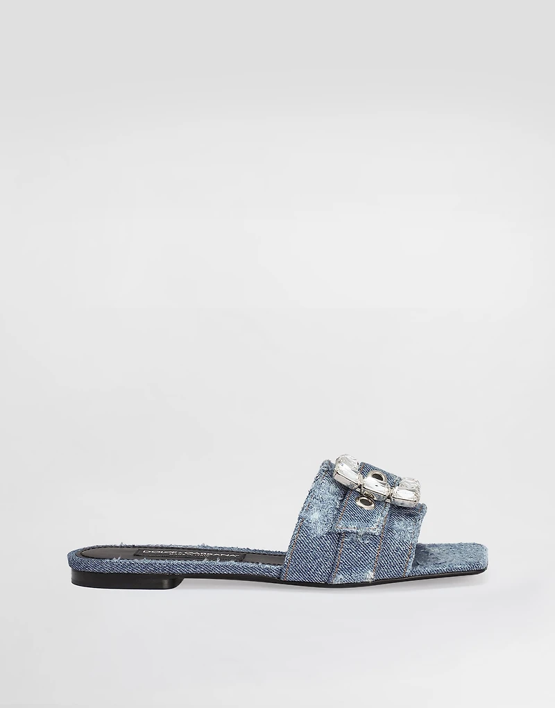 Patchwork denim slides with rhinestone buckle