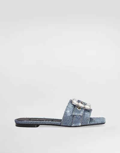 Patchwork denim slides with rhinestone buckle