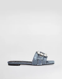 Patchwork denim slides with rhinestone buckle