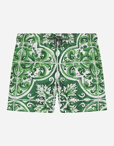Nylon swim trunks with green majolica print