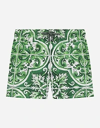 Nylon swim trunks with green majolica print