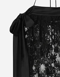 Calf-length Chantilly lace dress with satin details