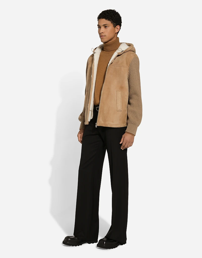 Sheepskin jacket with knit inserts and hood