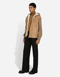 Sheepskin jacket with knit inserts and hood