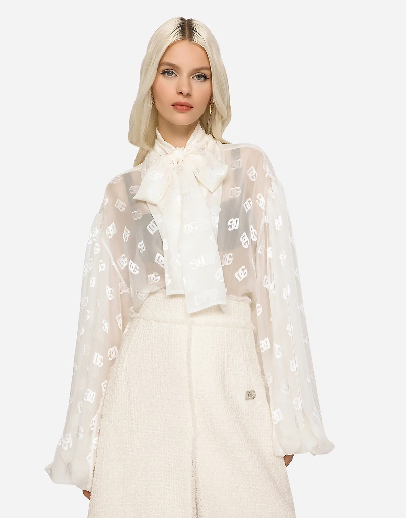 Devoré satin pussy-bow shirt with all-over DG logo