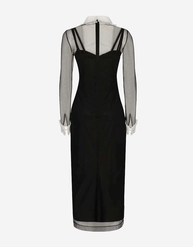 Tulle calf-length dress with organza shirt front