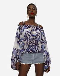 Majolica-print chiffon blouse