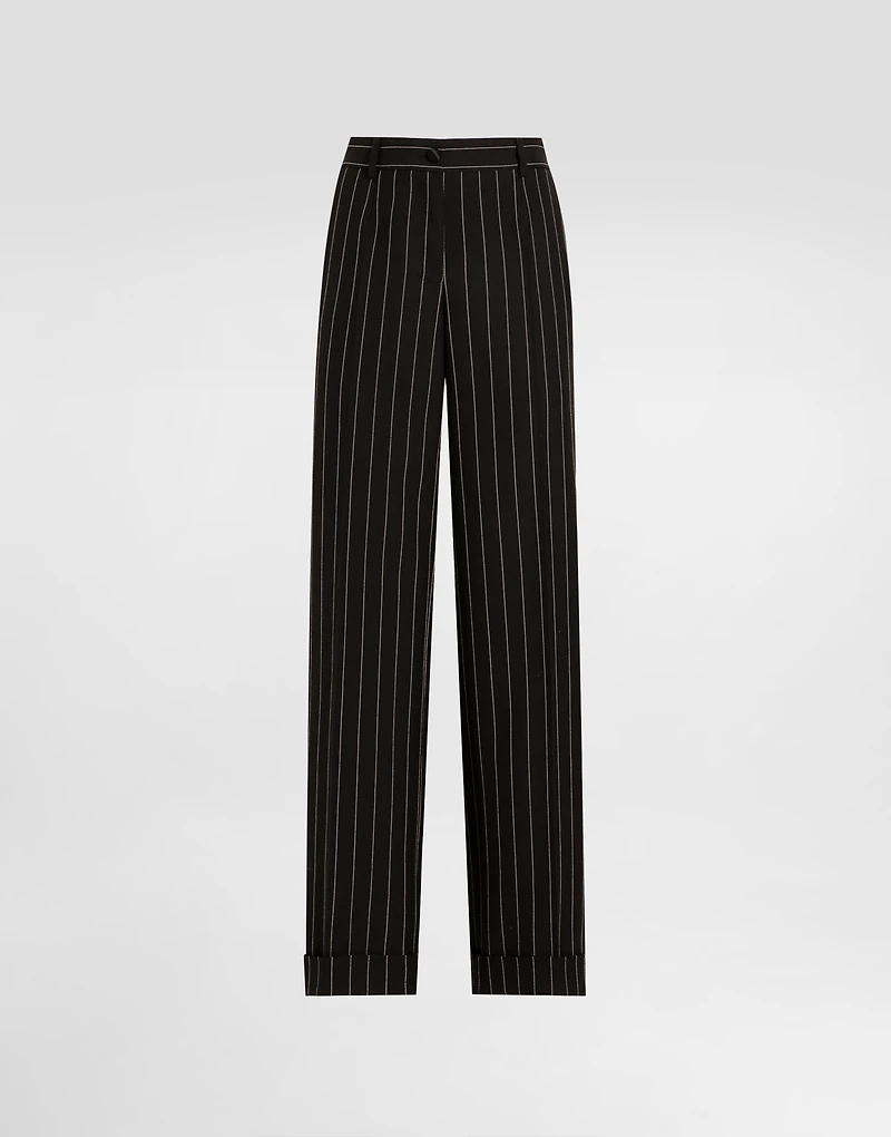 Straight-leg pinstripe wool pants with turn-ups
