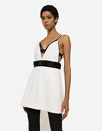 Short woolen dress with satin belt and straps