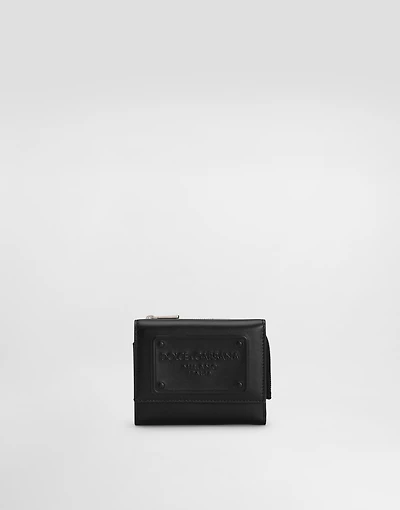 Calfskin French flap wallet with raised logo