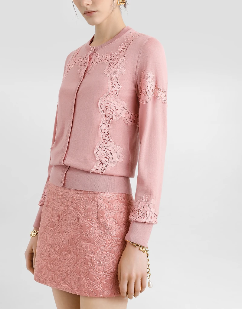 Wool cardigan with lace inlay