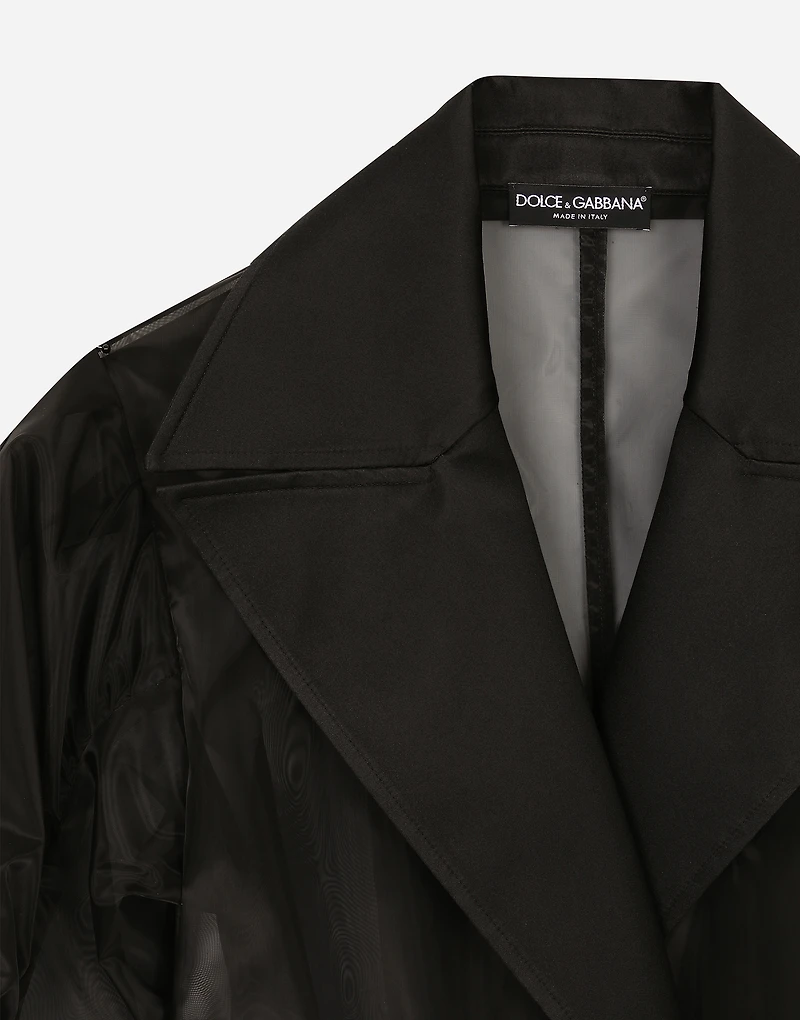 Technical organza trench coat with gathered sleeves