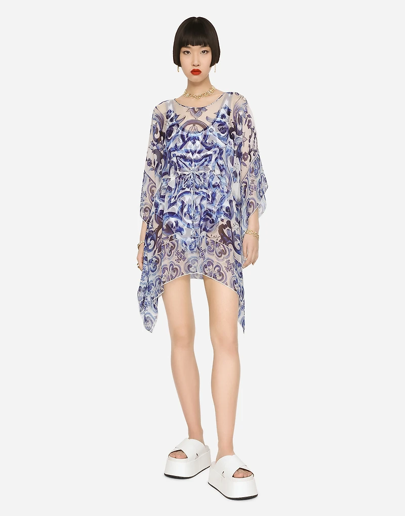 Short majolica-print chiffon caftan