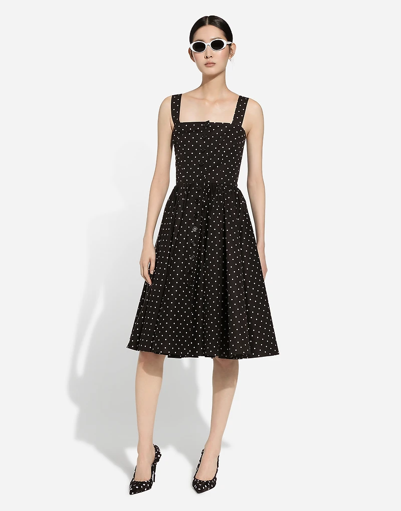 Calf-length cotton dress with polka-dot print