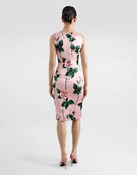 Satin calf-length sheath dress with rose print
