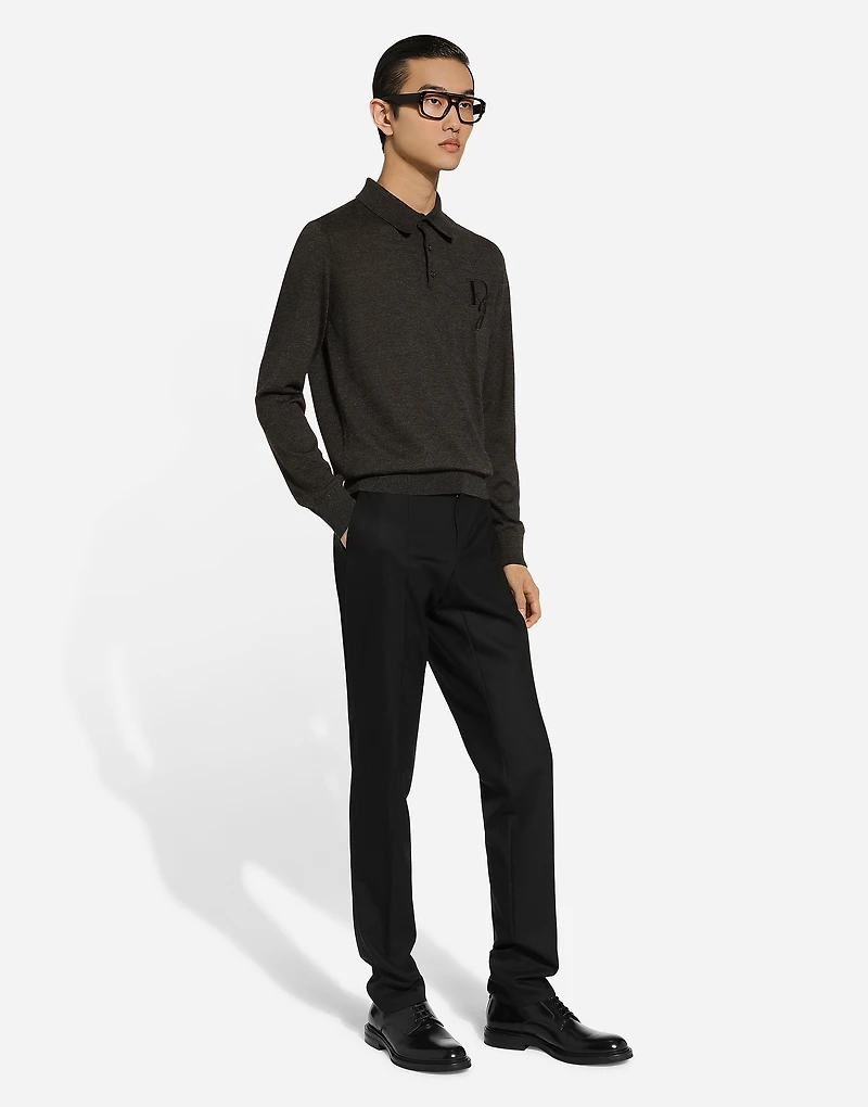 Long-sleeved cashmere polo-shirt with embroidered logo