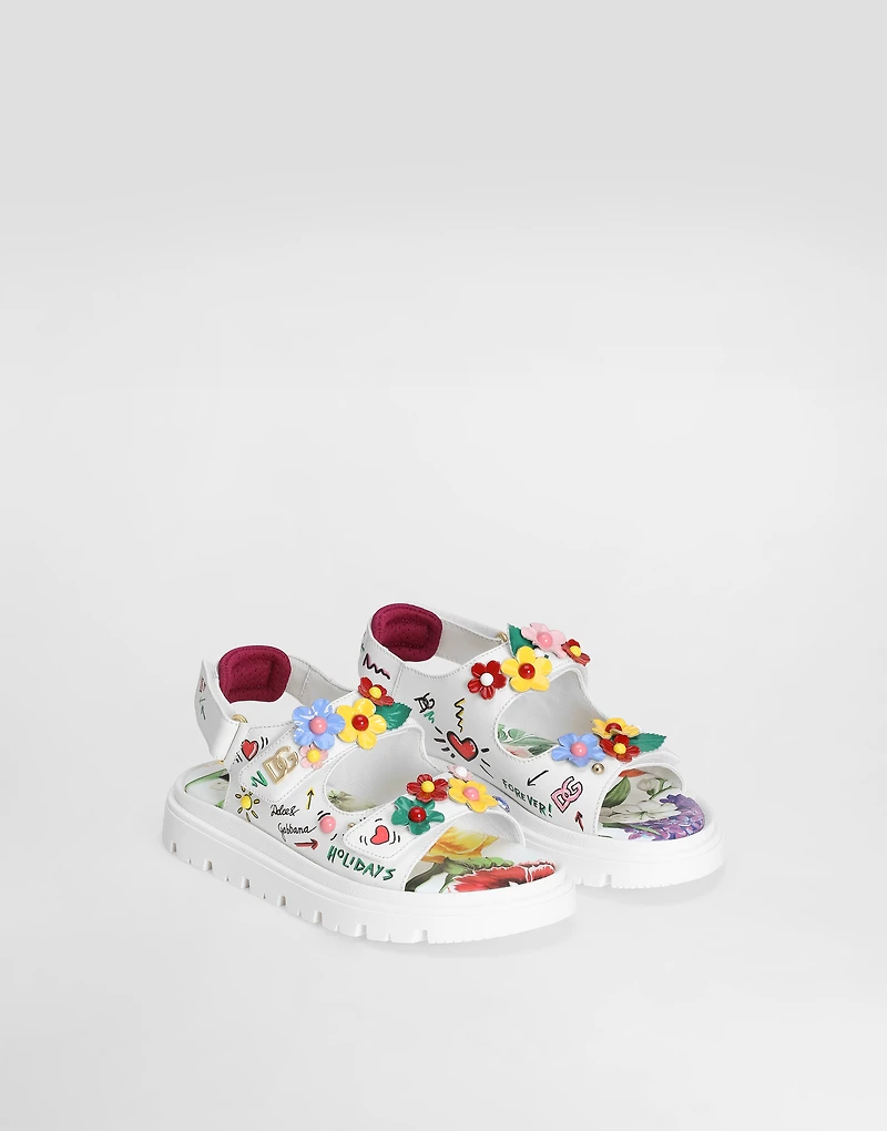 Printed calfskin sandals with flowers and DG logo