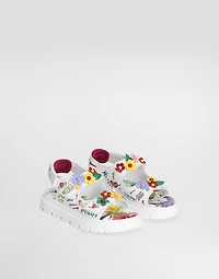Printed calfskin sandals with flowers and DG logo