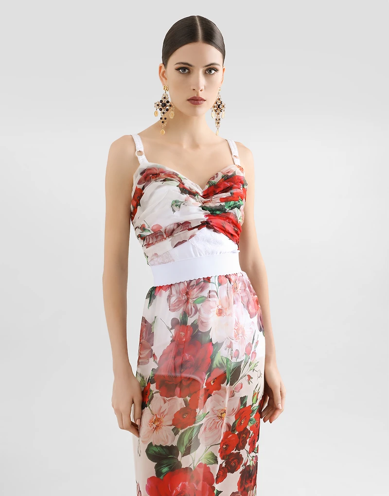 Rose-print marquisette and chiffon corset top