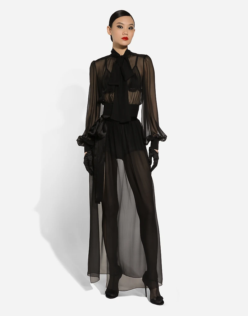 Short silk chiffon pussy-bow blouse