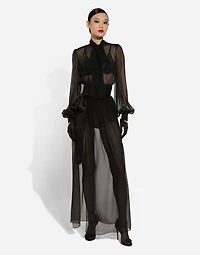 Short silk chiffon pussy-bow blouse