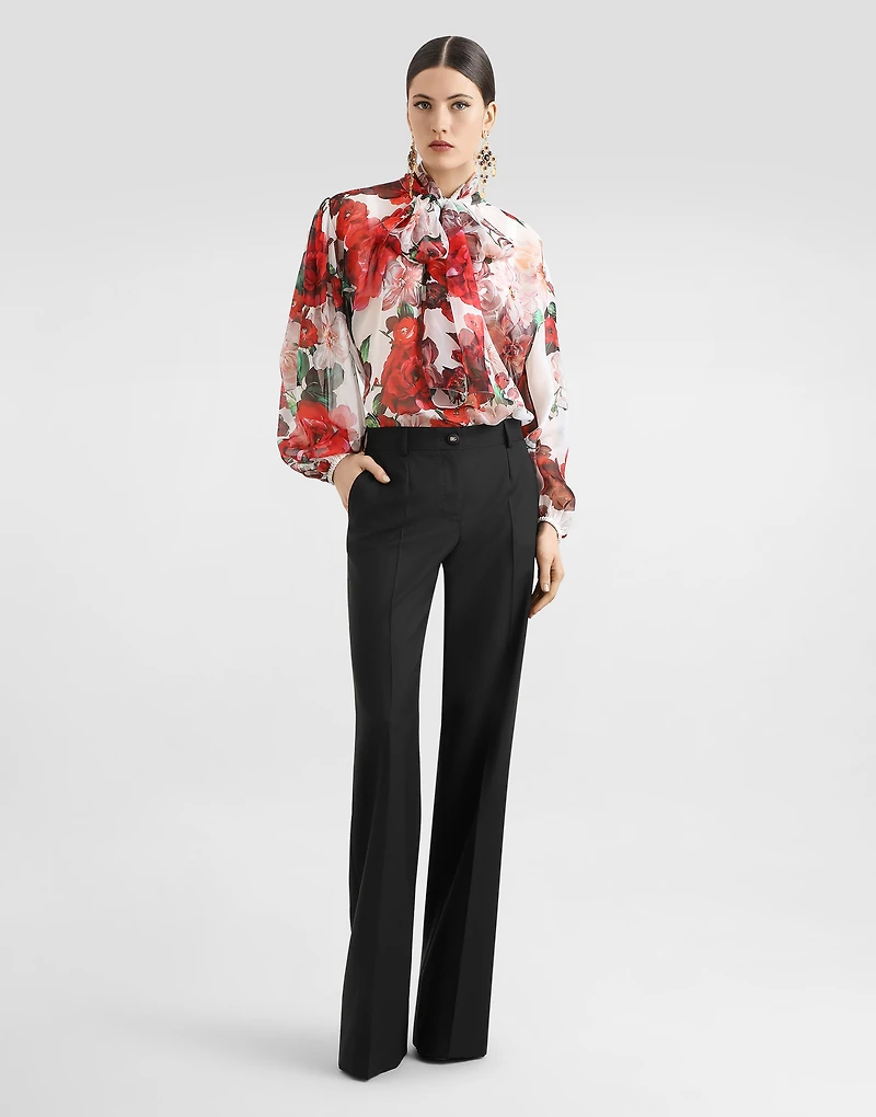 Chiffon pussy-bow blouse with rose print