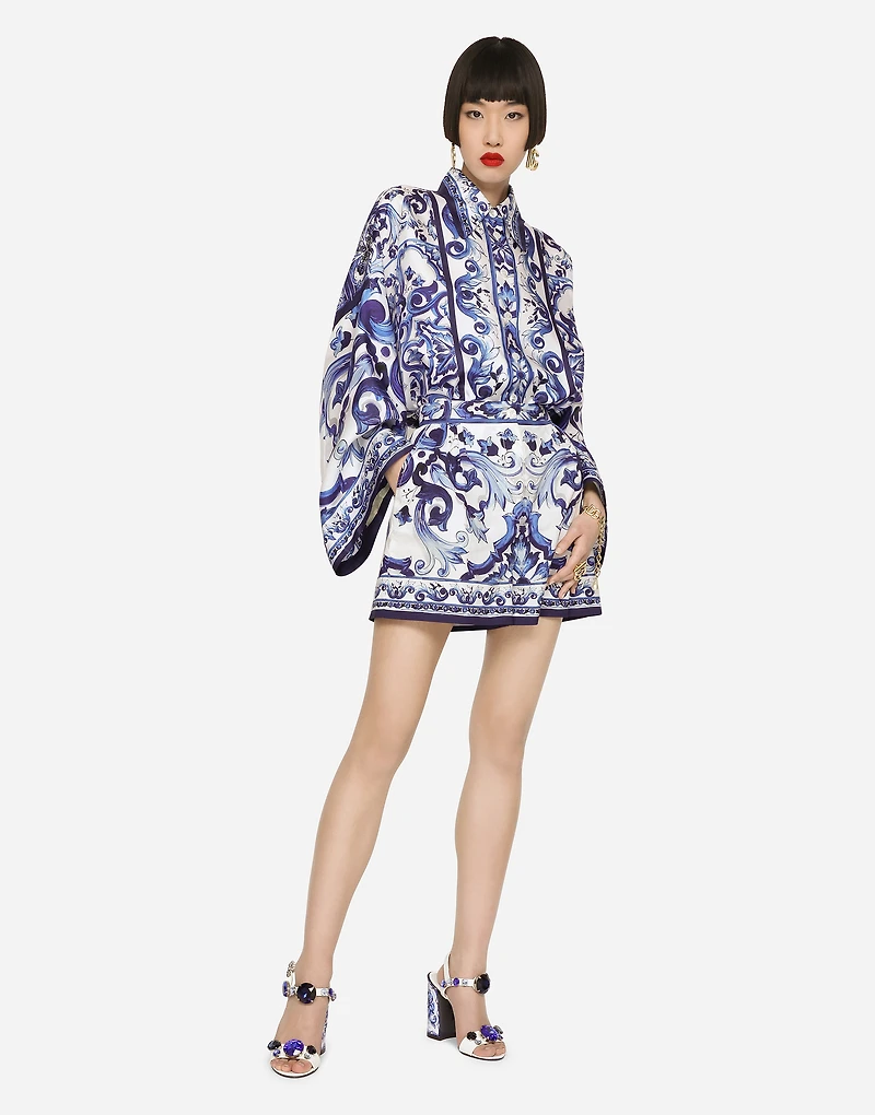 Majolica-print twill shirt with slits