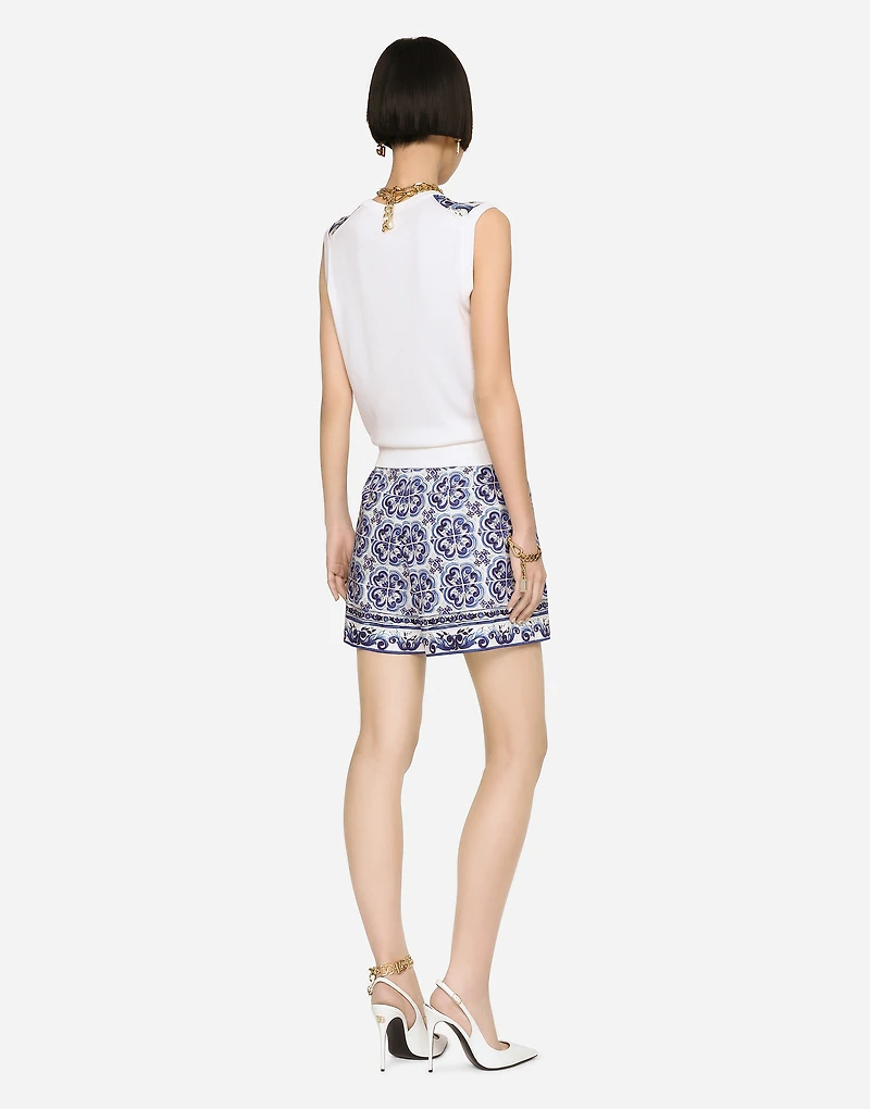Sleeveless silk and twill sweater with majolica print