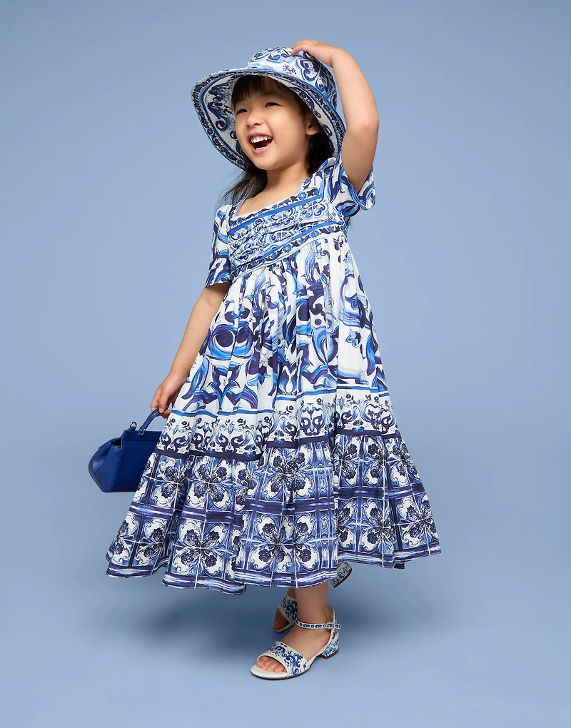 Long majolica-print poplin dress