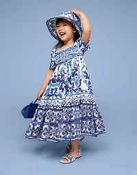 Long majolica-print poplin dress