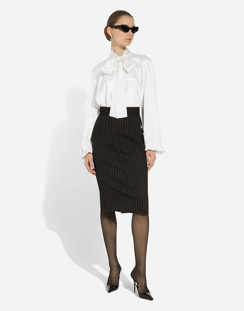 Short straight-cut pinstripe wool skirt