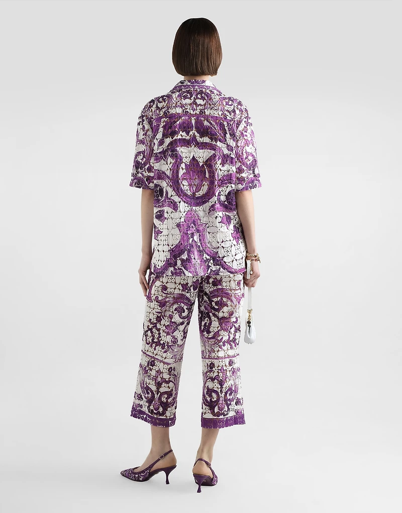 Majolica-print crochet lace trousers