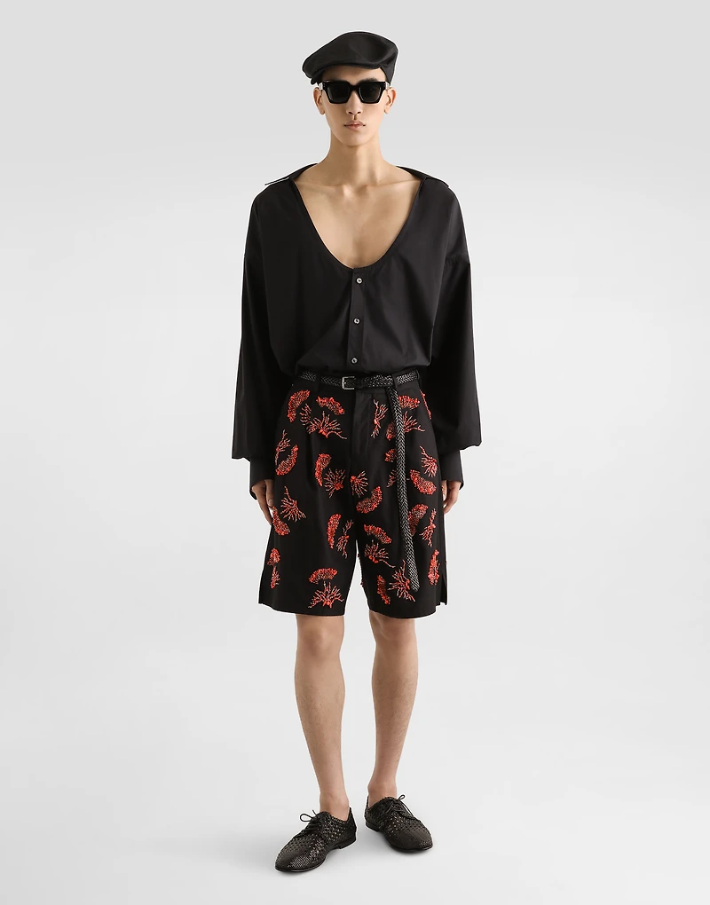 Cotton twill shorts with coral embroidery