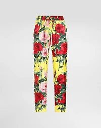 Silk twill pants with bouquet print