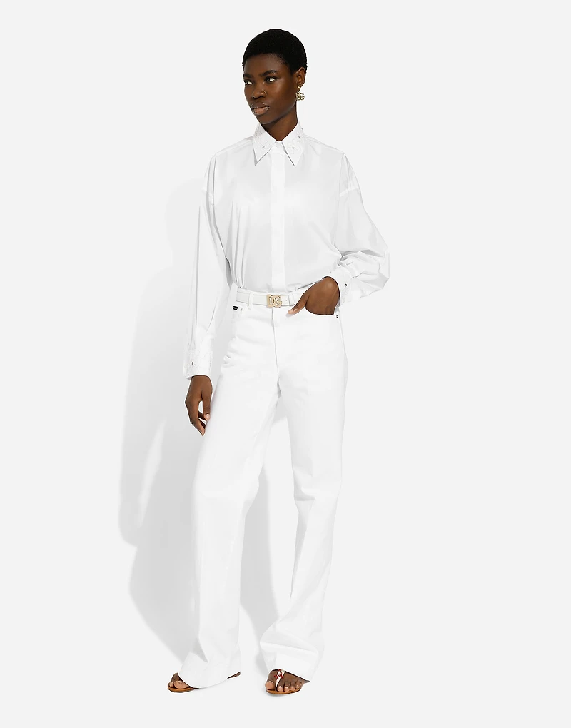Long-sleeved cotton shirt with embroidered collar