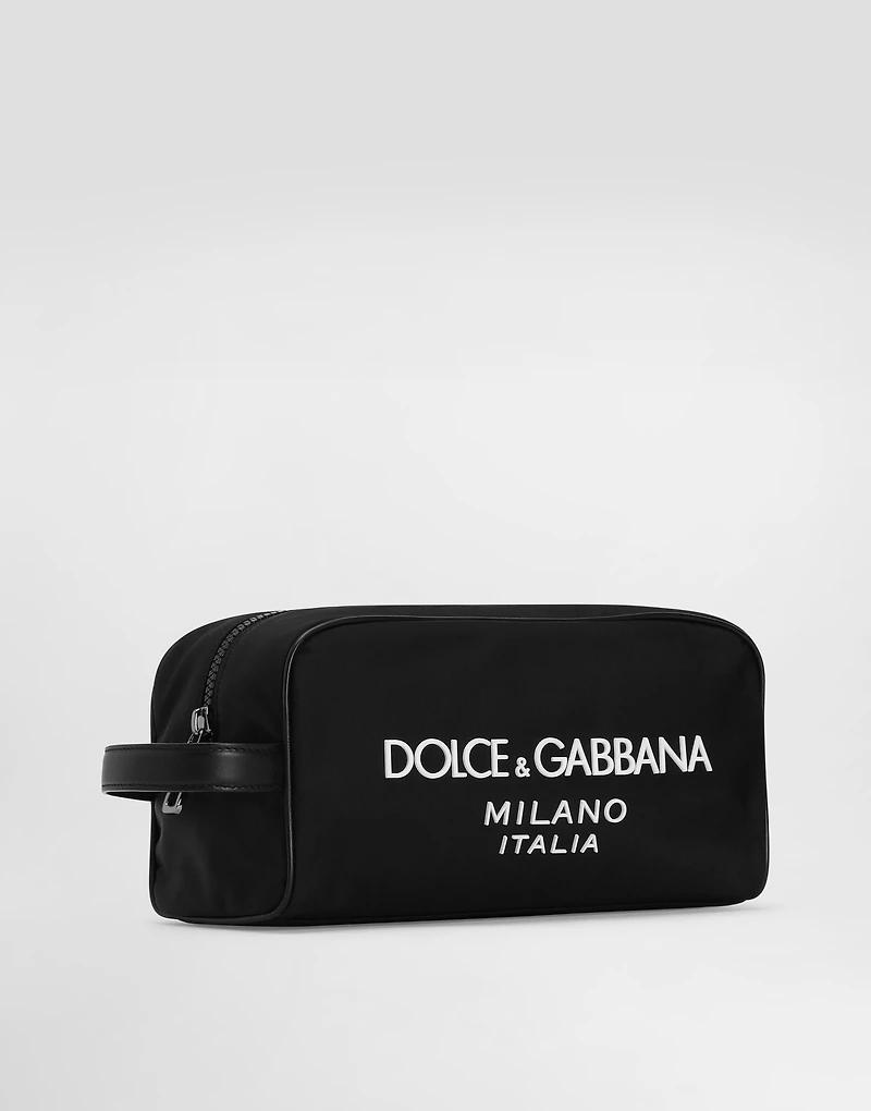 Nylon toiletry bag with rubberized logo