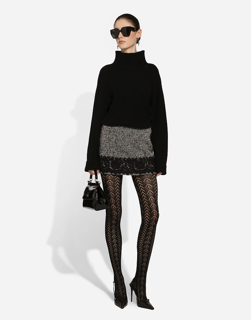 Short micro-tweed skirt with lace insert