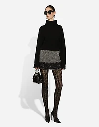 Short micro-tweed skirt with lace insert