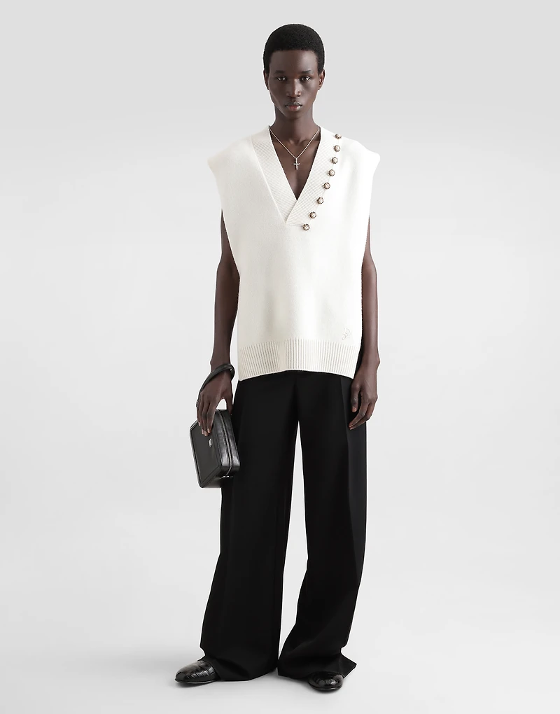 Wool V-neck vest with bejeweled buttons and DG embroidery