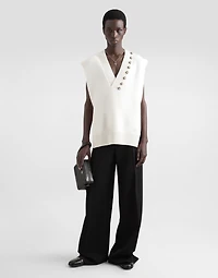 Wool V-neck vest with bejeweled buttons and DG embroidery