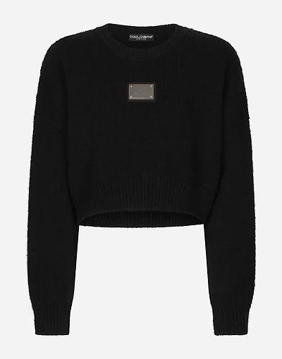Wool and cashmere round-neck sweater with logo tag