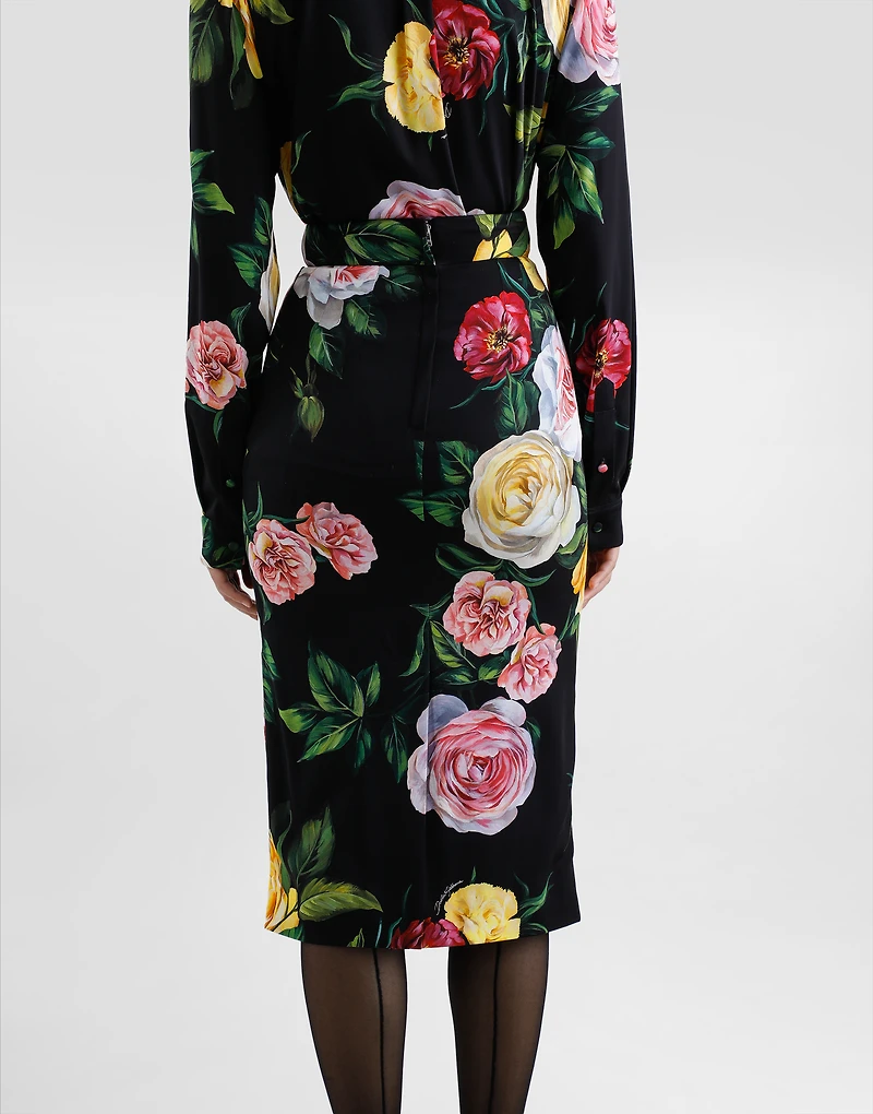 Peony and rose-print charmeuse calf-length skirt