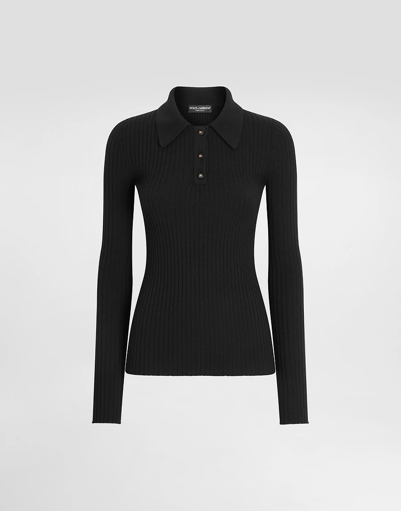 Ribbed wool polo-style sweater