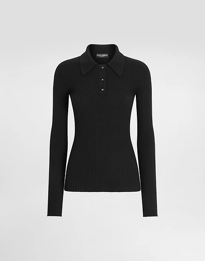 Ribbed wool polo-style sweater