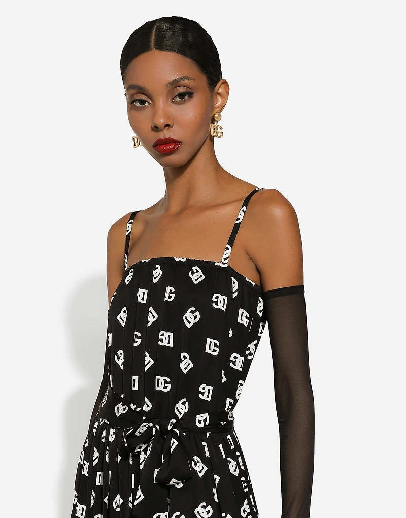 Charmeuse calf-length dress with all-over DG logo print