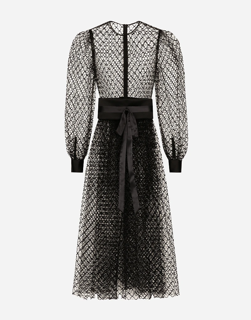 Calf-length mesh dress with wool crepe belt