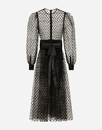 Calf-length mesh dress with wool crepe belt