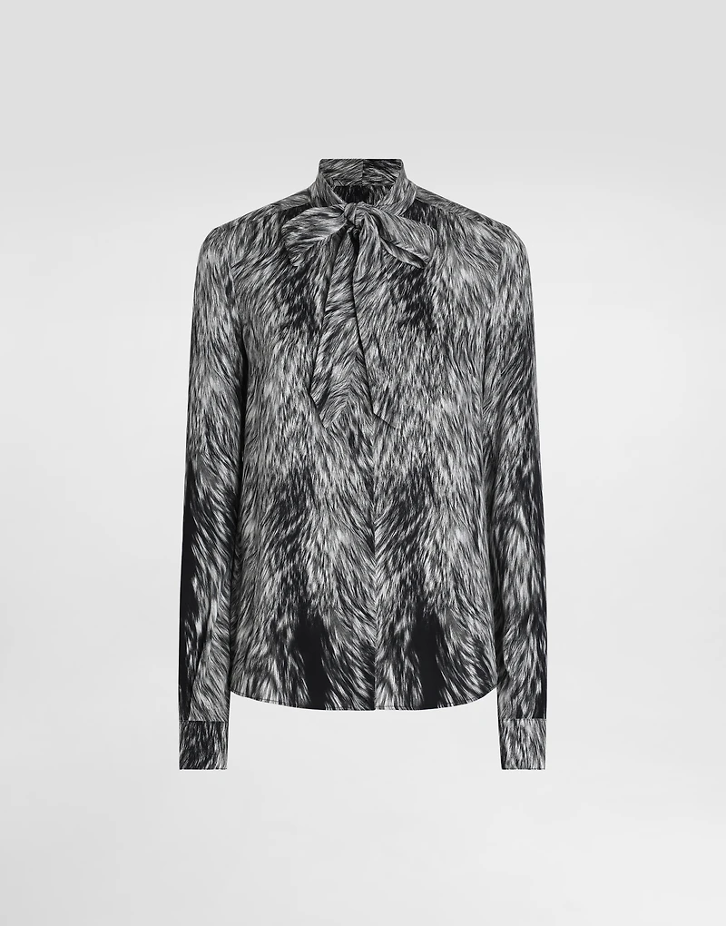 Fur-print charmeuse shirt with pussy-bow