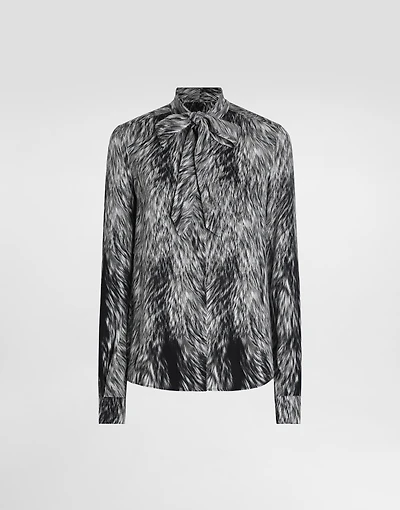 Fur-print charmeuse shirt with pussy-bow